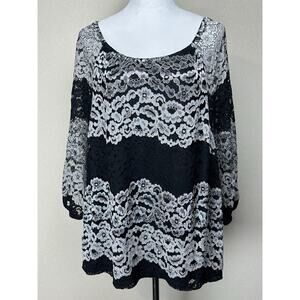Catherines Womens Plus Size OXWP Bk/Silver Floral Lace Top 3/4 Sleeve